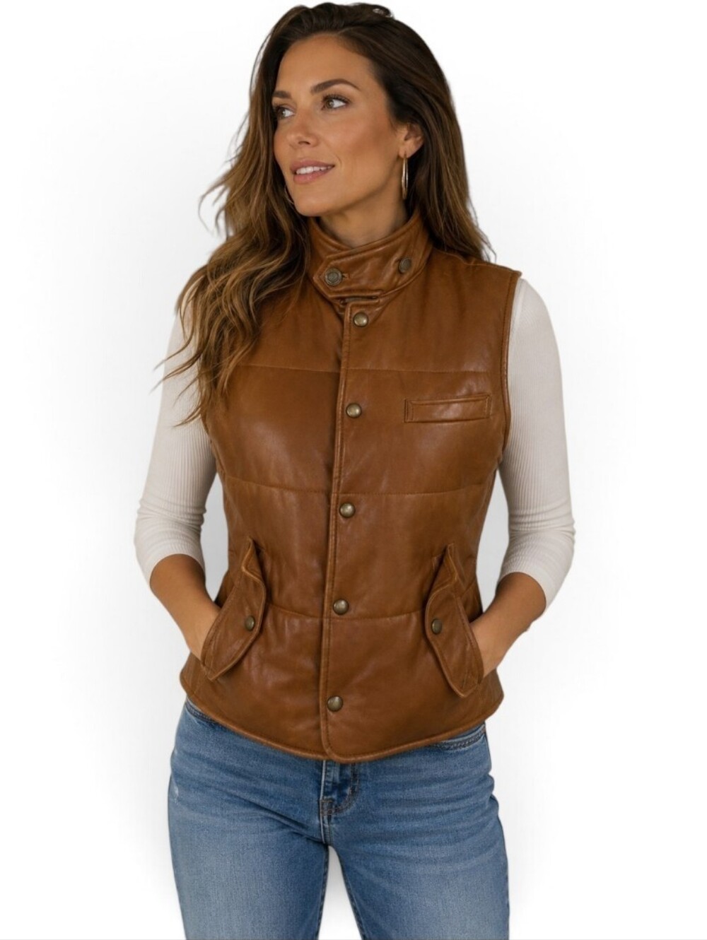 RALPH LAUREN Blue Label 100% Genuine Leather Quilted Vest. Tan Brown. EUC Size M